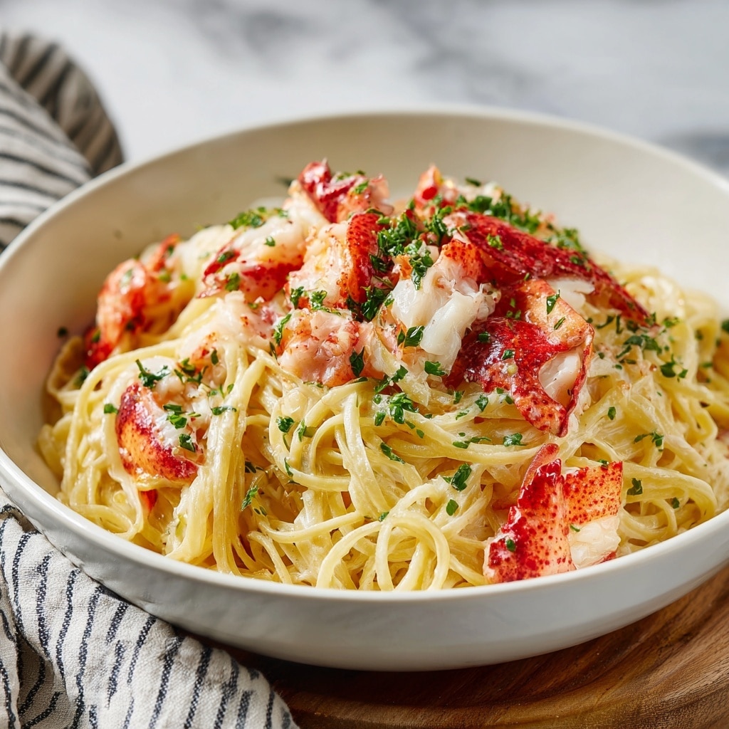A white shallow bowl filled with a creamy pasta dish showing long spaghetti noodles coated in a light yellow creamy sauce, with several pieces of red and white lobster chunks scattered evenly across the top. Small green herb bits are sprinkled on and around the lobster, adding color contrast. The bowl is placed on a wooden board, with a soft-focused background featuring a white marbled texture and a striped cloth visible behind it. The lighting highlights the glossy texture of the sauce and lobster pieces. Photo taken with an iphone --ar 4:5 --v 7