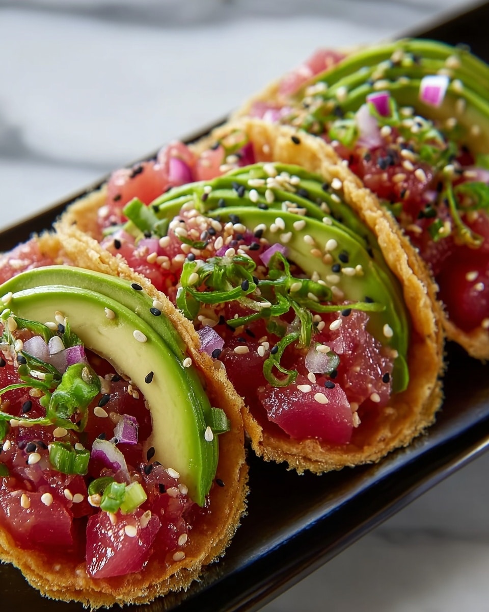 The image shows four tacos arranged side by side on a long white plate, placed on a white marbled surface. Each taco has a crispy yellow corn shell filled with bright pink tuna cubes. On top of the tuna, there are slices of fresh green avocado and small bits of red onion. The tacos are sprinkled with finely chopped green herbs and small white sesame seeds, adding texture and color to the dish. photo taken with an iphone --ar 4:5 --v 7