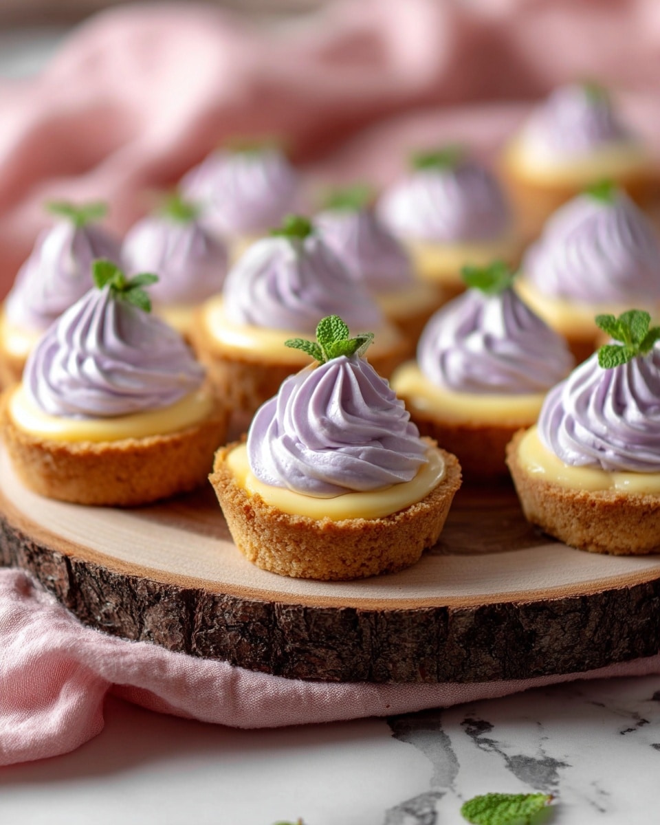 The image shows a group of small tartlets arranged on a round white plate with a wooden base. Each tartlet has three layers: a light golden brown crust at the bottom, a smooth bright yellow filling in the middle, and a fluffy light purple cream piped in a swirl on top. Some tartlets are decorated with a small fresh green mint leaf on the cream. The plate sits on a white marbled surface with soft pink cloth and scattered green mint leaves around, giving a cozy and fresh look. photo taken with an iphone --ar 4:5 --v 7