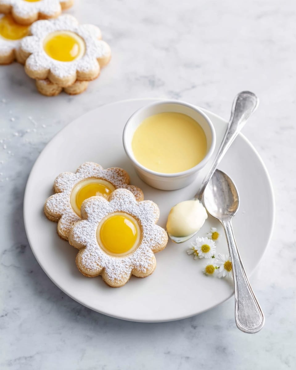 The image shows several flower-shaped cookies spread on a white marbled surface. Each cookie has two layers: the bottom layer is a plain light brown cookie, while the top layer is also a flower-shaped light brown cookie but with a circular hole in the center revealing a smooth, bright yellow filling. Half of the top cookie is dusted with white powdered sugar, creating a clear division between the powdered half and the clean half. The yellow filling in the center adds a pop of color against the soft brown and white powdered sugar. Photo taken with an iphone --ar 4:5 --v 7