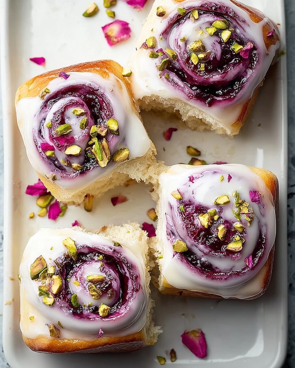 Four square-shaped rolls are shown on a white tray with a white marbled texture background. Each roll has a soft, golden-brown base layer of bread. On top, there is a thick layer of white icing that swirls around a deep purple jam filling at the center. The jam has a glossy texture, and the rolls are sprinkled with small chopped green pistachio nuts and a few bright pink rose petals scattered around the tray. The rolls look fresh and soft, with one roll slightly torn as if someone took a bite. Photo taken with an iphone --ar 4:5 --v 7