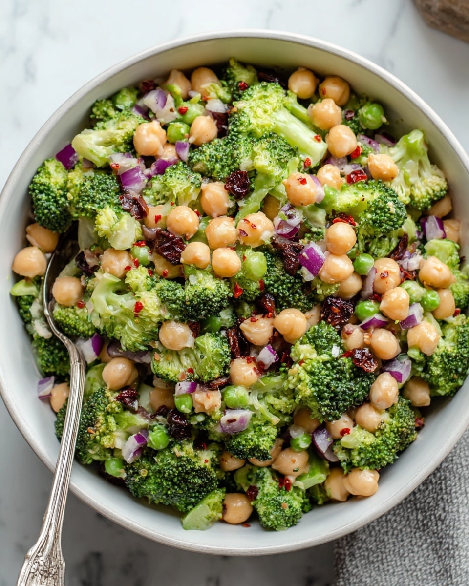 A white bowl filled with a colorful salad made of three main layers: vibrant green broccoli florets, round beige chickpeas, and small purple diced onions, all mixed evenly together; scattered among the mix are bits of light green peas and tiny red dried pepper pieces, creating a fresh and textured look. The bowl is placed on a white marbled surface with a silver fork next to it. The colors and textures of the vegetables create a fresh and healthy appearance. photo taken with an iphone --ar 4:5 --v 7