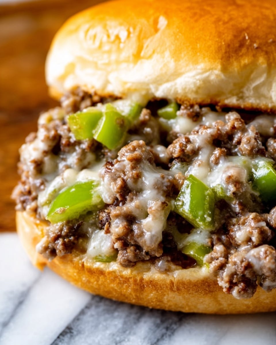 The image shows a close-up of a sandwich with a soft, golden-brown bun partially lifted to reveal the filling inside. The filling has three visible layers: the bottom layer is melted white cheese with a smooth texture, the middle layer is cooked ground beef mixed with small chunks of green bell pepper, and the top layer consists of the same beef and pepper mixture slightly browned, appearing juicy and flavorful. The sandwich is on a white plate placed on a white marbled surface, and a woman's hand is gently holding the bun as it is lifted. Photo taken with an iphone --ar 4:5 --v 7