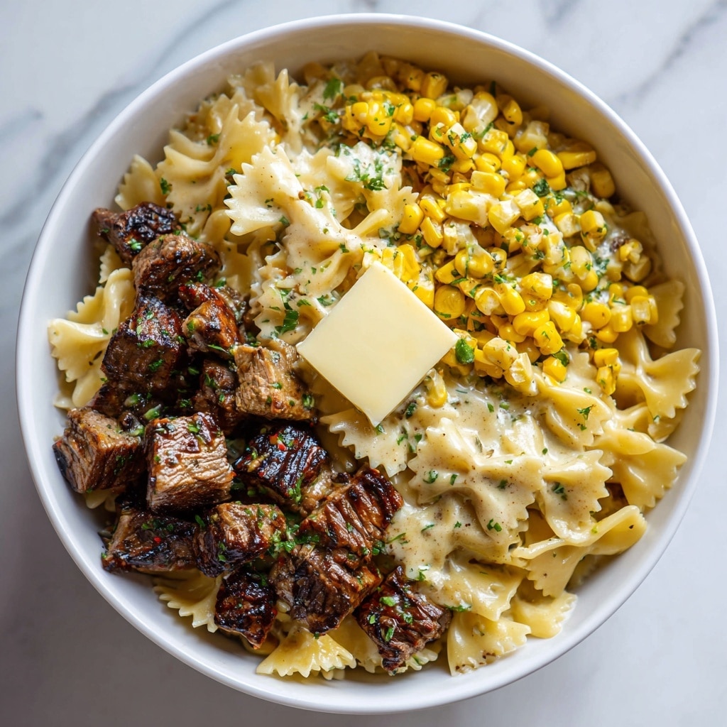 The image shows a white bowl filled with creamy farfalle pasta topped with cooked strips of brown steak, yellow corn kernels, green herb sprinkles, and a square of melting butter at the center. Around it are several small clear glass bowls, one filled with bright yellow corn kernels, one with peeled garlic cloves, one with shredded pale-yellow cheese, one with white flour, and one with a mix of coarse salt and black pepper. There is a clear glass cup filled with white cream and a clear oval dish holding slices of medium-rare steak showing pink and brown colors. Another small clear bowl contains golden olive oil. The whole setup is on a white marbled textured surface. photo taken with an iphone --ar 4:5 --v 7
