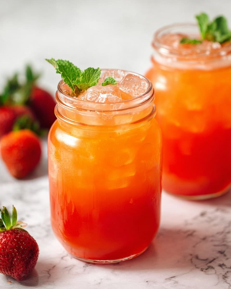A clear glass pitcher filled with bright red strawberry juice, with a slightly frothy top layer showing the juice's fresh texture, stands tall on a white marbled surface. To the left, there is a small wooden bowl filled with fresh red strawberries with green leafy tops, and some strawberries are scattered on a beige cloth nearby. The background is a soft, out-of-focus white brick wall, giving a clean and simple look. photo taken with an iphone --ar 4:5 --v 7