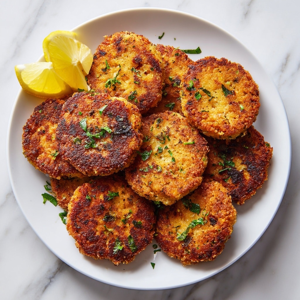A white plate holds eight round, golden-brown patties arranged closely together; each patty has a crunchy, textured surface with darker brown spots showing a crispy fried finish. Small green herb flakes are sprinkled lightly over the patties, adding a touch of color. In the upper left corner of the plate, two yellow lemon wedges are partially visible, adding brightness to the composition. The plate sits on a white marbled surface, creating a clean and fresh background. photo taken with an iphone --ar 4:5 --v 7