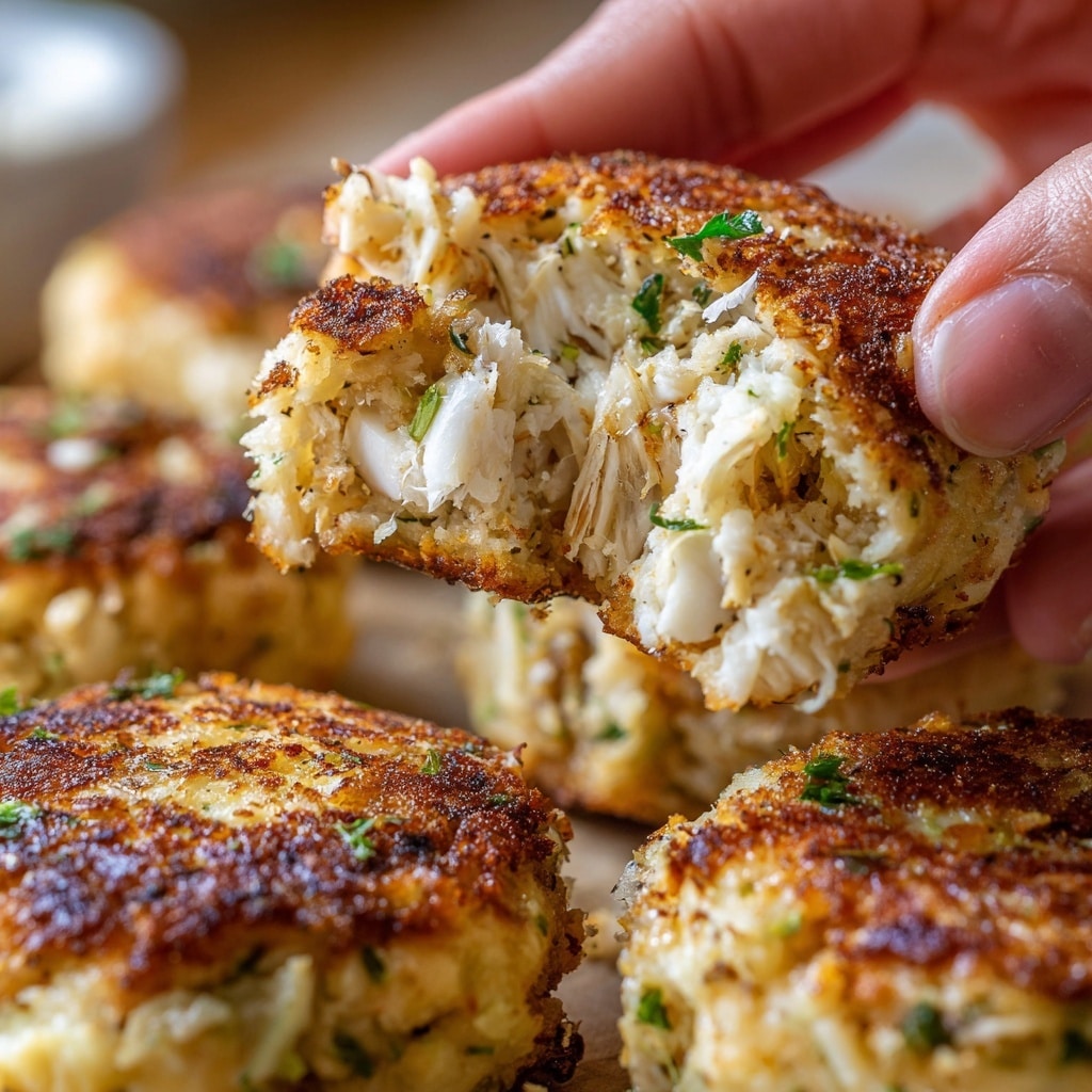 A close-up shows a pair of fingers breaking a round, golden-brown crab cake in half, revealing the inside packed with white, flaky crab meat and small green herb bits. The crab cake has a crispy, textured crust with browned spots. The background is filled with more crab cakes, blurred but showing similar golden colors. The fingers holding the crab cake have crumbs stuck to them and a white marbled texture is faintly visible in the back. photo taken with an iphone --ar 4:5 --v 7