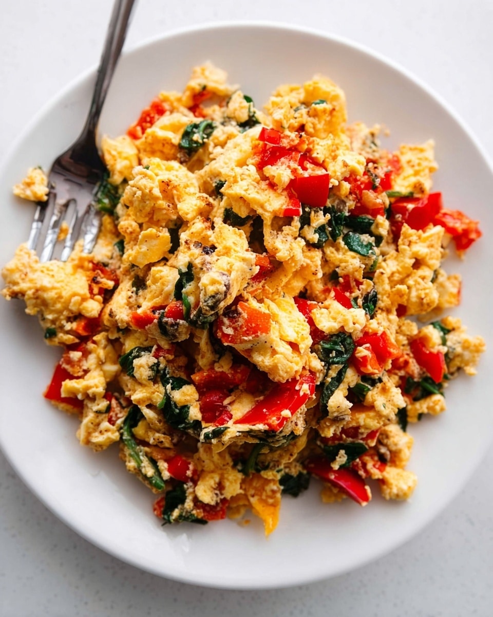 The image shows a close-up of a scrambled dish served on a white plate with wavy edges, placed on a white marbled surface. The dish appears to have three main layers mixed together: soft, crumbled eggs with a yellow and light brown color, bright red chunks of bell pepper, and dark green pieces of spinach or kale. The texture is crumbly and slightly moist, with visible small bits of all ingredients evenly spread throughout. A metal fork is inserted into the food at the top center of the plate. The lighting highlights the vibrant colors and textures of the dish clearly. photo taken with an iphone --ar 4:5 --v 7