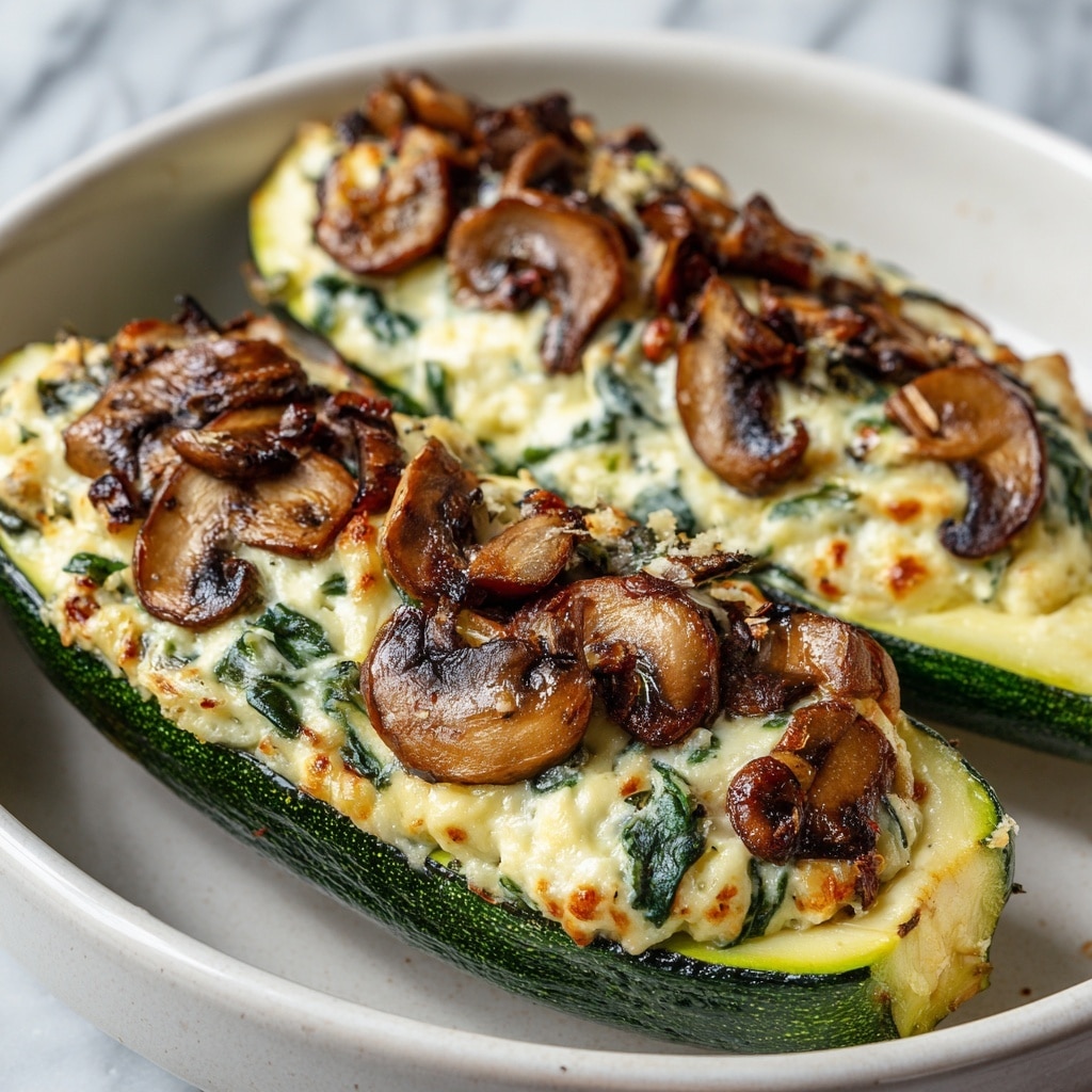 Two zucchini halves are hollowed out and filled with a creamy, light yellow ricotta mixture that has visible green bits, likely spinach, mixed inside. On top of the ricotta filling, there are browned, cooked mushroom slices scattered evenly. The zucchini skin is dark green and glossy, providing a contrast to the pale filling and the mushrooms. The zucchini boats are placed inside a white dish on a white marbled textured surface. The image focuses close-up on the zucchini, showing the moist texture of the mushrooms and the soft, creamy look of the filling. photo taken with an iphone --ar 4:5 --v 7