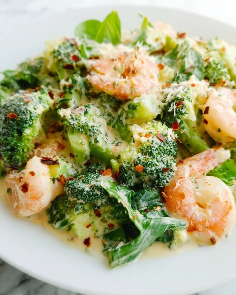 A white plate holds a shrimp dish with about two layers, the top layer showing plump, pink shrimp scattered evenly across. Beneath the shrimp, there is a green layer of broccoli florets mixed with fresh, leafy herbs. The entire dish is generously coated with a light dusting of grated cheese and small pieces of red pepper flakes, adding texture and hints of color throughout. The background is a white marbled surface. photo taken with an iphone --ar 4:5 --v 7