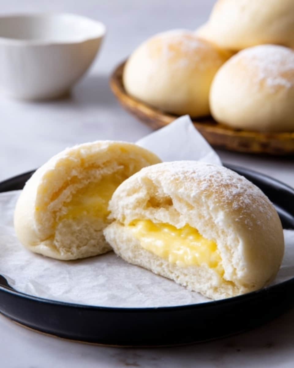 A black round plate with three smooth, white steamed buns on white parchment, with one bun cut in half and placed on top, showing a soft, fluffy white outer layer and a pale yellow creamy filling inside, all set on a white marbled surface. photo taken with an iphone --ar 4:5 --v 7