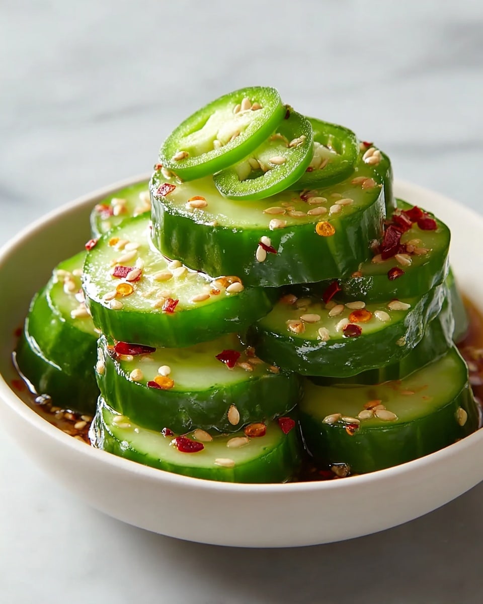 A close-up of a pile of cucumber slices stacked in a shallow white bowl, each round slice is light green with dark green skin edges, topped with small slices of green chili peppers, red chili flakes, and scattered white sesame seeds, all covered with a shiny, oily dressing that makes the cucumbers glisten, the bowl sits on a white marbled surface. photo taken with an iphone --ar 4:5 --v 7