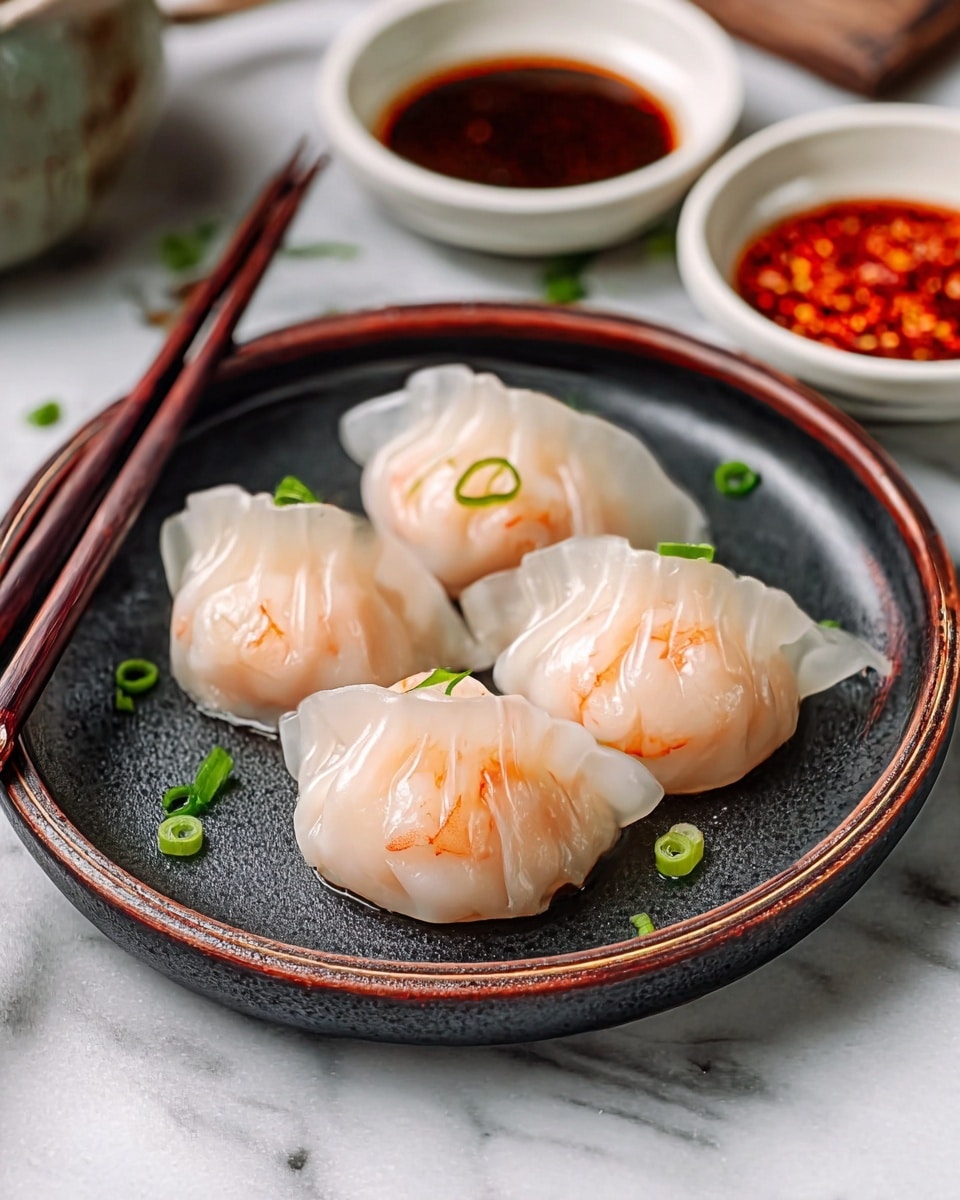 The image shows five translucent shrimp dumplings on a round speckled white plate with a thin dark rim. The dumplings have a glossy, smooth, slightly wrinkled texture with visible pink shrimp filling inside each one. One dumpling in the center is garnished with small green herb leaves. Dark wooden chopsticks rest diagonally on the right edge of the plate. To the upper left, there is a ceramic cup filled with dark soy sauce and a small white bowl with a bright red chili oil sauce. The setup is on a white marbled surface. photo taken with an iphone --ar 4:5 --v 7