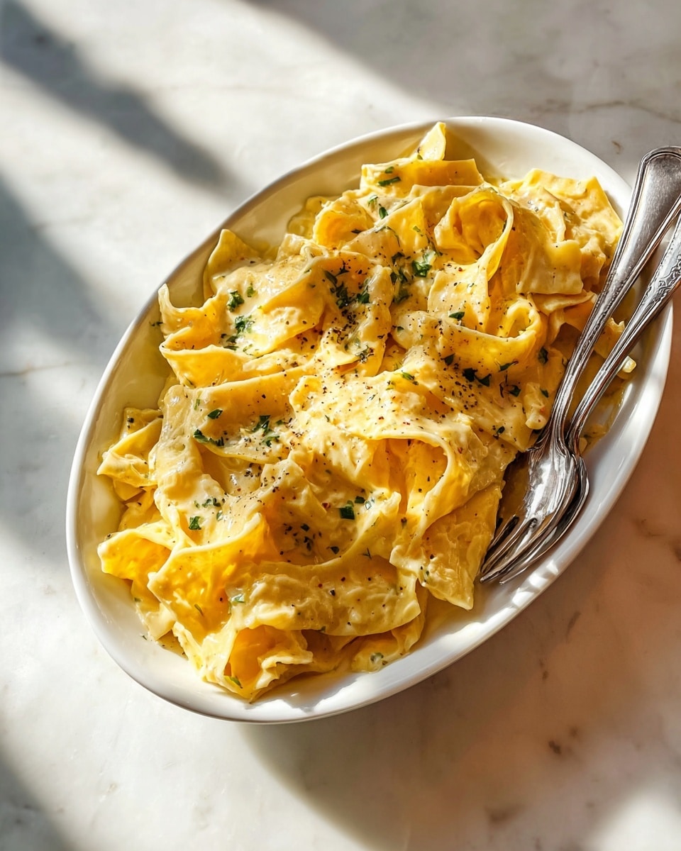 The dish is a plate of creamy pasta served on a white oval plate placed on a white marbled surface. The pasta looks soft and wide, covered in a smooth, pale yellow sauce with a glossy texture. There are small green herbs sprinkled on top, adding bits of color, along with tiny black pepper specks and some grated lemon zest scattered across the pasta. Two silver forks rest on the right side of the plate, partially placed under the pasta. The lighting shows warm sunlight coming from the upper left, creating soft shadows on the white marbled surface. photo taken with an iphone --ar 4:5 --v 7