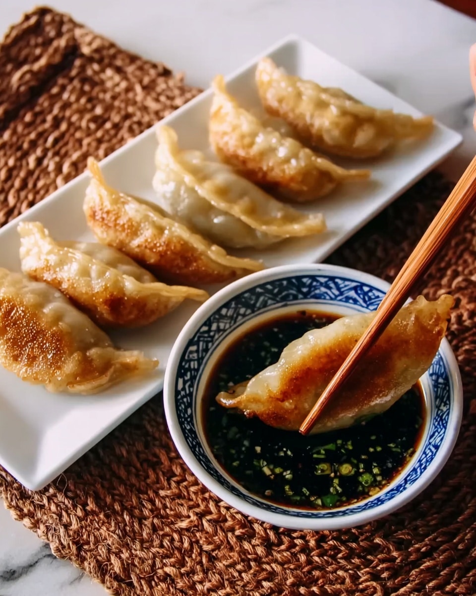 A white rectangular plate holds seven golden-brown fried dumplings lined up in a semi-circle. In front of these dumplings is a white bowl with blue patterns around the rim, filled with dark soy sauce mixed with green herbs. A pair of wooden chopsticks held by a woman's hand is dipping one dumpling into the sauce. The setting is on a white marbled surface with a brown woven cloth partially beneath the plate. photo taken with an iphone --ar 4:5 --v 7
