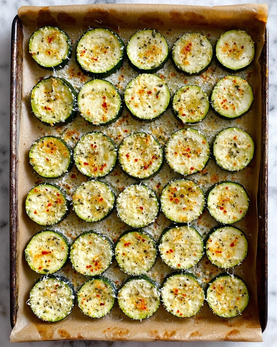 The image shows a baking tray lined with slightly browned parchment paper, filled with four rows of evenly spaced zucchini slices arranged in a grid pattern. Each slice is round, light green with dark green edges, and sprinkled with a light layer of finely grated cheese and small orange-red seasoning bits. The surface of the zucchini pieces looks slightly roasted with a soft texture and some pepper specks. The background is a white marbled texture. Photo taken with an iphone --ar 4:5 --v 7