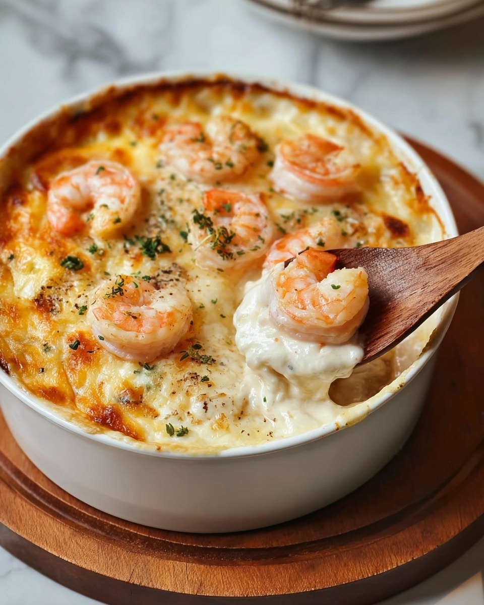 A white round baking dish filled with a creamy baked shrimp casserole sits on a wooden board. The casserole has one main layer of thick, cheesy white sauce with melted golden brown edges and herbs sprinkled on top. On the surface, tender pink shrimp with a slight char are evenly spread out, some curled and some slightly open, with a few small green herb sprigs scattered across for garnish. The background shows blurred wooden spoons and garlic cloves on a white marbled texture. photo taken with an iphone --ar 4:5 --v 7