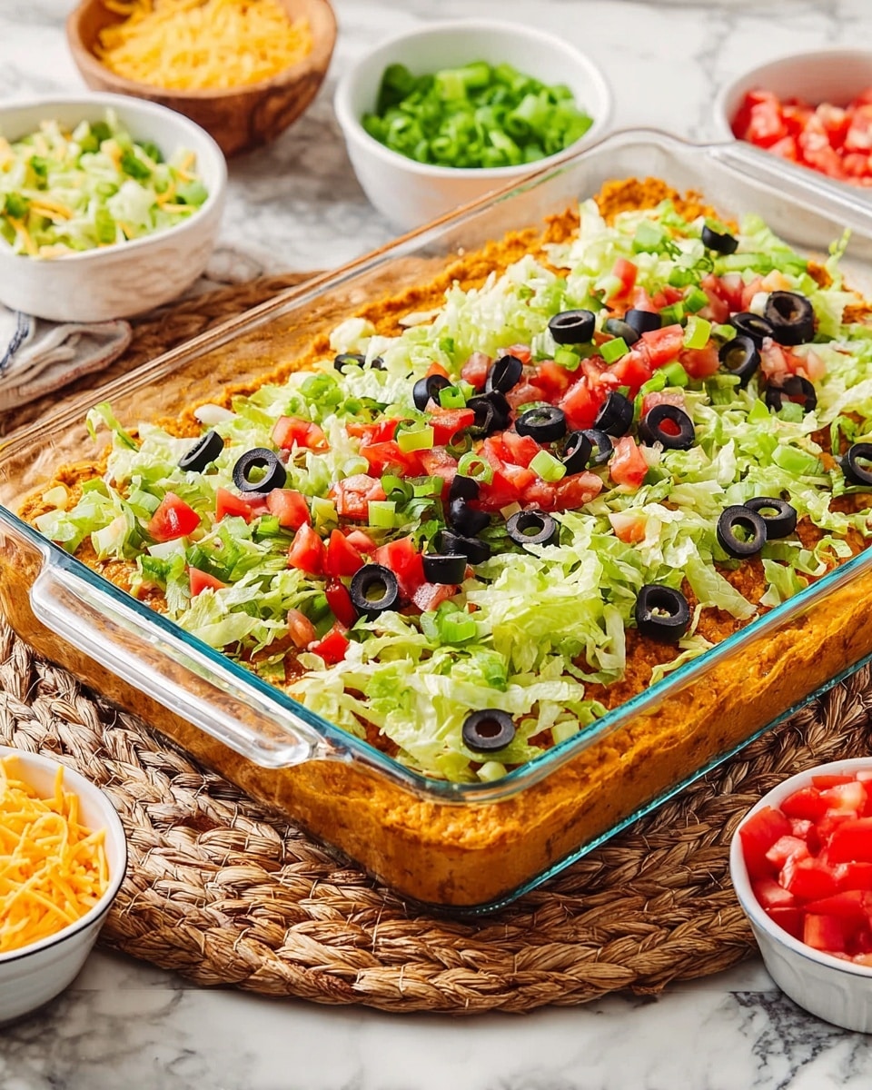The dish is a layered casserole in a clear glass rectangular dish placed on a woven placemat over a white marbled surface. The bottom layer is a cheesy, orange mixture with visible black olive slices embedded within it. On top of this is a fresh layer of chopped green lettuce scattered evenly with bright red chopped tomatoes, black olive slices, and light green chopped scallions. Surrounding the casserole dish are small white bowls containing more chopped tomatoes, shredded yellow cheese, and lettuce, adding vibrant colors to the setting. photo taken with an iphone --ar 4:5 --v 7