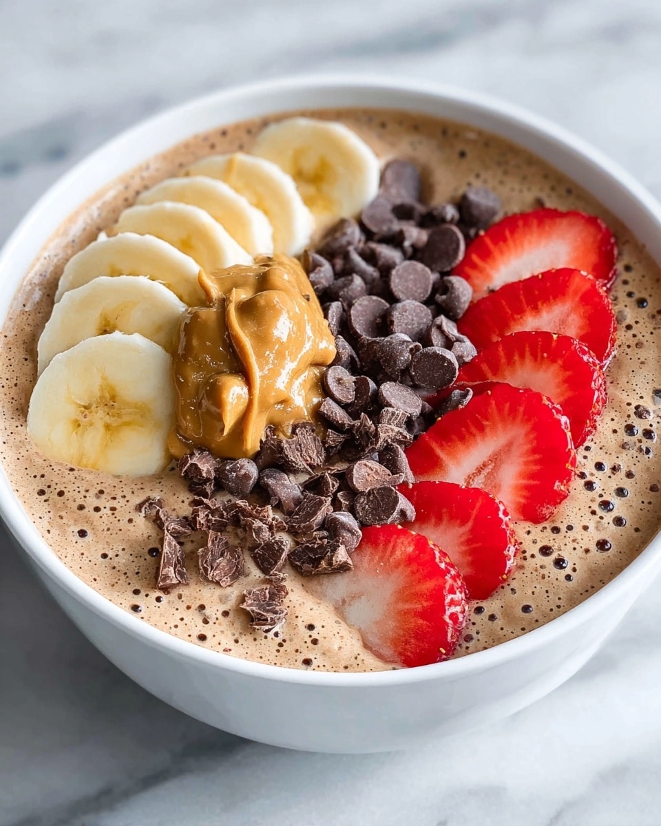 A white bowl filled with a thick, light brown smoothie base with a slightly bubbly texture. On top, there are five sections: the first has thin banana slices, soft yellow in color, arranged in a neat row. Next to it is a chunky, golden-brown peanut butter dollop with a glossy texture. Then, there is a pile of smooth, round dark chocolate chips stacked together. Beside it are small, finely chopped dark chocolate pieces with a slightly rough texture. Finally, there are fresh strawberry slices, bright red with white interiors, neatly lined up. The bowl sits on a white marbled surface. Photo taken with an iphone --ar 4:5 --v 7