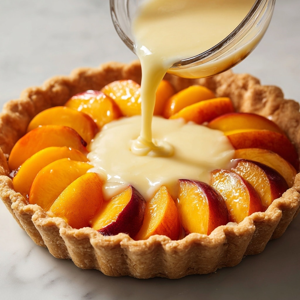A close-up view of a pie crust filled with evenly arranged orange peach slices standing upright along the edge, forming a circular ring. Creamy, pale yellow custard is being poured in the center from a clear glass bowl, slowly spreading over the peach slices. The crust is golden with a scalloped edge, and the pie sits on a white marbled surface. photo taken with an iphone --ar 4:5 --v 7