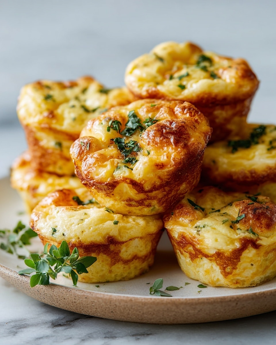 A close-up view of several small, golden-brown egg muffins stacked closely on a round white plate, each muffin showing a soft, fluffy texture with slightly crispy edges and sprinkled with small green herb bits on top. The muffins have uneven tops with some browning, and a few green herb leaves lie on the plate near the muffins. The background shows a white marbled texture surface. photo taken with an iphone --ar 4:5 --v 7