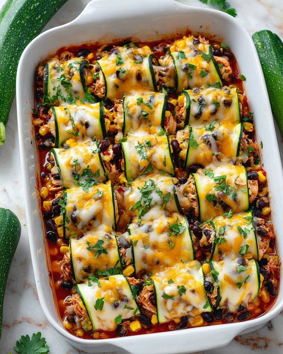 The image shows a white baking dish filled with 10 rolled zucchini slices placed in two rows, each roll tied around a filling of shredded chicken, black beans, and corn. The zucchini rolls have green edges, with melted yellow and white cheese melted on top of each one. The dish is sprinkled with fresh chopped green herbs. The bottom layer inside the dish is a reddish sauce with visible black beans and corn kernels. The white baking dish sits on a white marbled surface, with some zucchini slices and whole zucchinis partially visible around the dish. Photo taken with an iphone --ar 4:5 --v 7