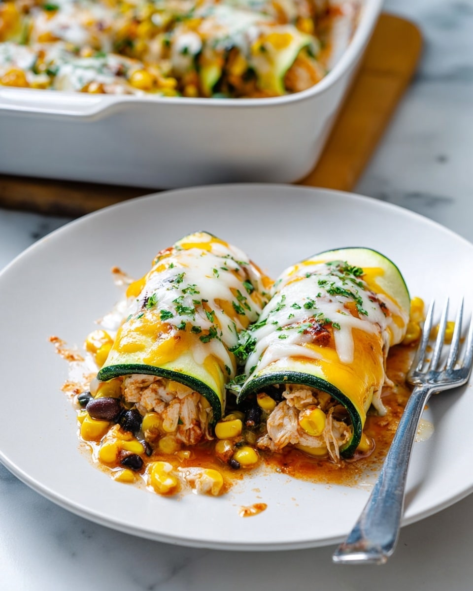 Two zucchini roll-ups filled with shredded chicken, yellow corn, and black beans sit side by side on a white plate with a silver fork on the right. Each zucchini roll is covered with melted golden cheddar cheese and white melted mozzarella drizzled unevenly on top, with bits of green chopped herbs sprinkled over both roll-ups. The inside filling is visible spilling out, showing bright yellow corn kernels and shiny black beans. The plate rests on a white marbled surface, and in the background, a white baking dish with more cheesy zucchini roll-ups is partially visible. Photo taken with an iphone --ar 4:5 --v 7