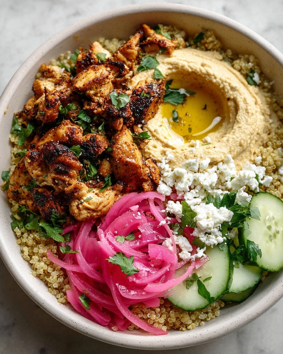 A white bowl holds a layered dish starting with a base of light yellow quinoa grains. On top, there are pieces of grilled chicken with a golden-brown charred texture sitting on the left side. Next to the chicken on the right, there is a thick circle of creamy pale beige hummus with a small well filled with olive oil in the center. Above the hummus, there are thin slices of bright pink pickled onions. To the lower right, crumbled white feta cheese is scattered over the quinoa and cucumber slices, which are light green with darker edges. Fresh green herbs are sprinkled around the dish. The photo is taken on a white marbled surface. photo taken with an iphone --ar 4:5 --v 7