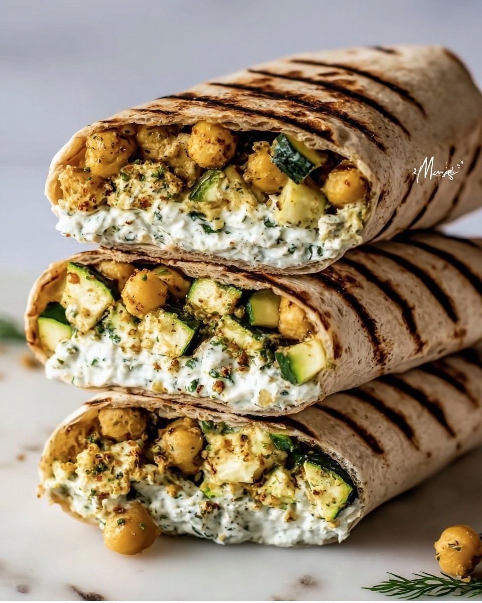 A soft, grilled flatbread wrap with light brown grill marks, folded and tied with a thin piece of string topped with a small green herb sprig, rests on a white plate with scattered fresh green parsley around it. Inside the wrap are layers of yellow chickpeas, bright green spinach leaves, slices of dark green and light green grilled zucchini, and bright red cherry tomato halves. A dollop of white sauce with green herbs sits beside the wrap, garnished with a parsley leaf. In the background, there is another similar wrap on a white plate and a small white ramekin containing chopped red tomato and yellow bell pepper on a white marbled surface. Photo taken with an iphone --ar 4:5 --v 7