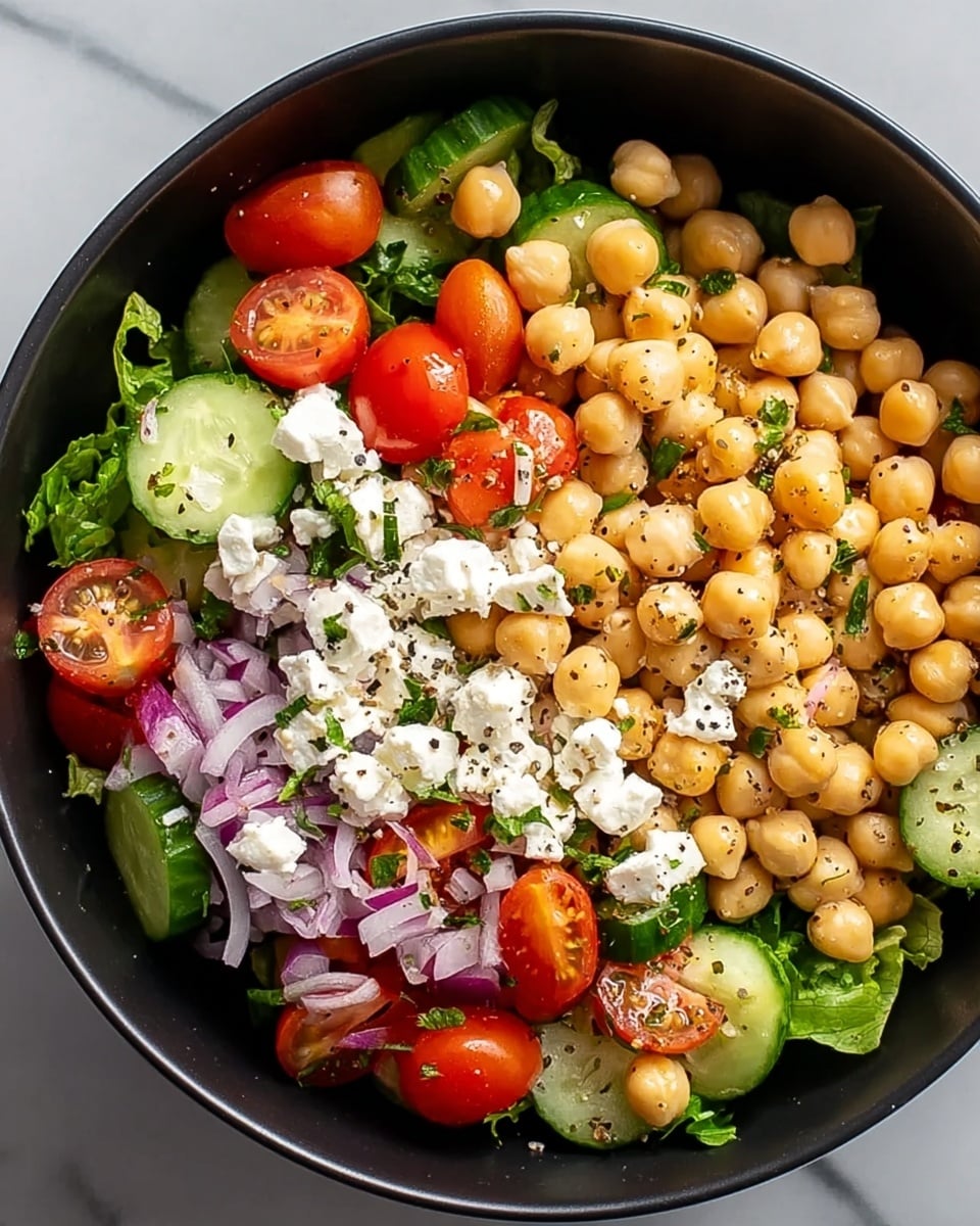 The image shows a black bowl filled with a colorful chickpea salad placed on a white marbled surface. The salad has three visible layers: a bottom layer of finely chopped green lettuce and parsley, a middle layer of sliced cucumbers and thin pieces of purple onion, and a top layer of round, light tan chickpeas scattered evenly with bright red halved cherry tomatoes and white chunks of creamy feta cheese sprinkled with black pepper, all arranged naturally and fresh. Photo taken with an iphone --ar 4:5 --v 7