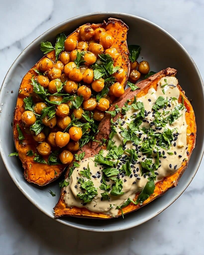 Sweet Potatoes with Tahini Butter Chickpeas for Cozy Nights Recipe