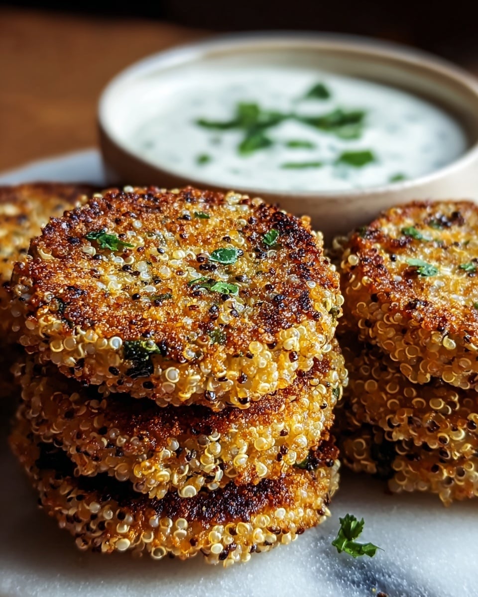 The image shows a stack of five round quinoa patties with a golden-brown, crispy outer layer, dotted with white quinoa seeds and small bits of green herbs. The patties have a textured surface with a slightly uneven browning, indicating they are pan-fried to crispness. Behind the patties, there is a white bowl filled with creamy white sauce, garnished with small green herb pieces. The food is placed on a white marbled surface, and the lighting highlights the crunchy texture and fresh herbs on the patties. photo taken with an iphone --ar 4:5 --v 7