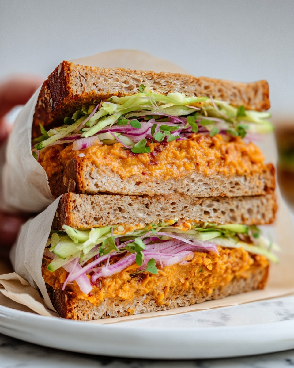 A close-up side view of a sandwich cut in half stacked on a white plate, showing two thick slices of light brown crusty bread with a rough texture as the top and bottom layers. Inside, there is a thick, chunky orange spread layered on both halves, topped with fresh, thinly sliced pale green lettuce and thin slices of purple onion with some green herbs mixed in. The sandwich is partially wrapped in light beige parchment paper, held by a woman's hand on the left side, against a white marbled surface background. photo taken with an iphone --ar 4:5 --v 7