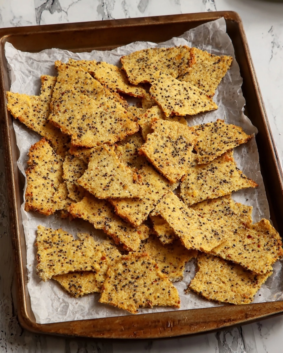 A thin, large flatbread cracker lies on white parchment paper atop a dark baking tray, with a rough uneven shape and slightly golden brown edges. The surface is speckled with white and black sesame seeds and has a coarse texture with visible grains and tiny cracks throughout. The flatbread has a light tan to golden yellow color, showing a baked, crisp look. The scene is set on a white marbled surface. photo taken with an iphone --ar 4:5 --v 7