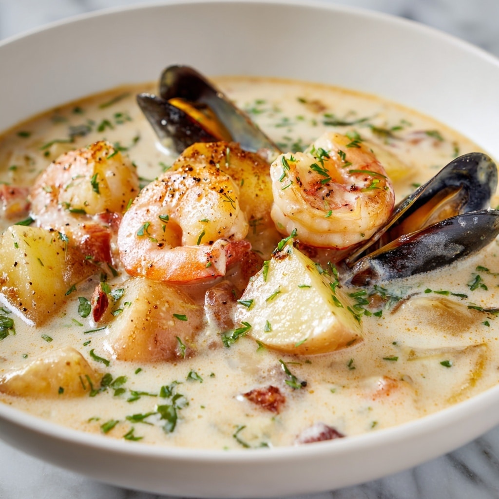 This image shows a bowl of creamy seafood chowder with a smooth light cream base. Floating on top are orange-pink shrimp, black mussels, white scallops, and light golden-brown seared scallops. There are also small chunks of pale yellow potatoes. Green herbs are sprinkled on the surface, adding color and texture. The bowl is white and rests on a white plate, set on a white marbled surface. photo taken with an iphone --ar 4:5 --v 7