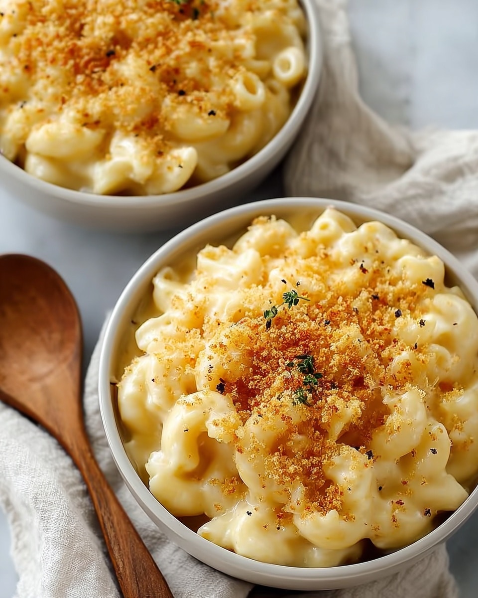 A close-up view of creamy macaroni and cheese served in a white bowl with a blue edge. The dish shows one thick layer of elbow macaroni pasta fully coated in smooth, glossy, pale yellow cheese sauce with a rich, shiny texture. The background is a white marbled surface with a blurred blue and white striped cloth. Photo taken with an iphone --ar 4:5 --v 7