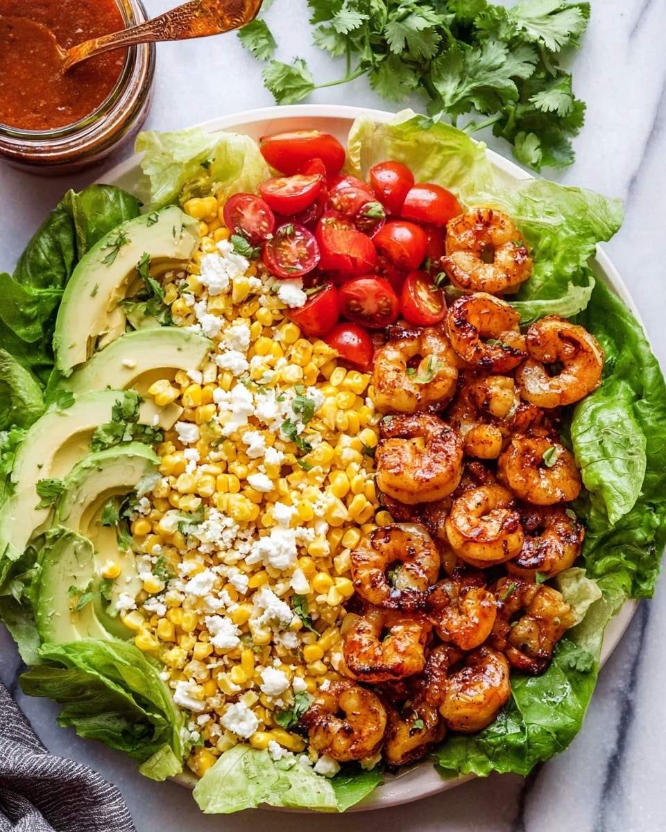 In a close-up view on a white bowl with a white marbled background, a vibrant dish is shown with six visually distinct layers. The bottom layer is fresh green leafy lettuce covering the base. Next, bright yellow corn on the cob sections with plump kernels are placed evenly around the bowl. Then, bright red cherry tomatoes are cut in halves and scattered around, adding a juicy texture. Thick, creamy light green slices of avocado with a shiny surface are layered on one side. On top, golden brown shrimp with a slightly charred look and glistening seasoning are piled in the middle. The dish is finished with white crumbly cheese spread lightly across, and fresh green cilantro leaves are scattered evenly for garnish. photo taken with an iphone --ar 4:5 --v 7