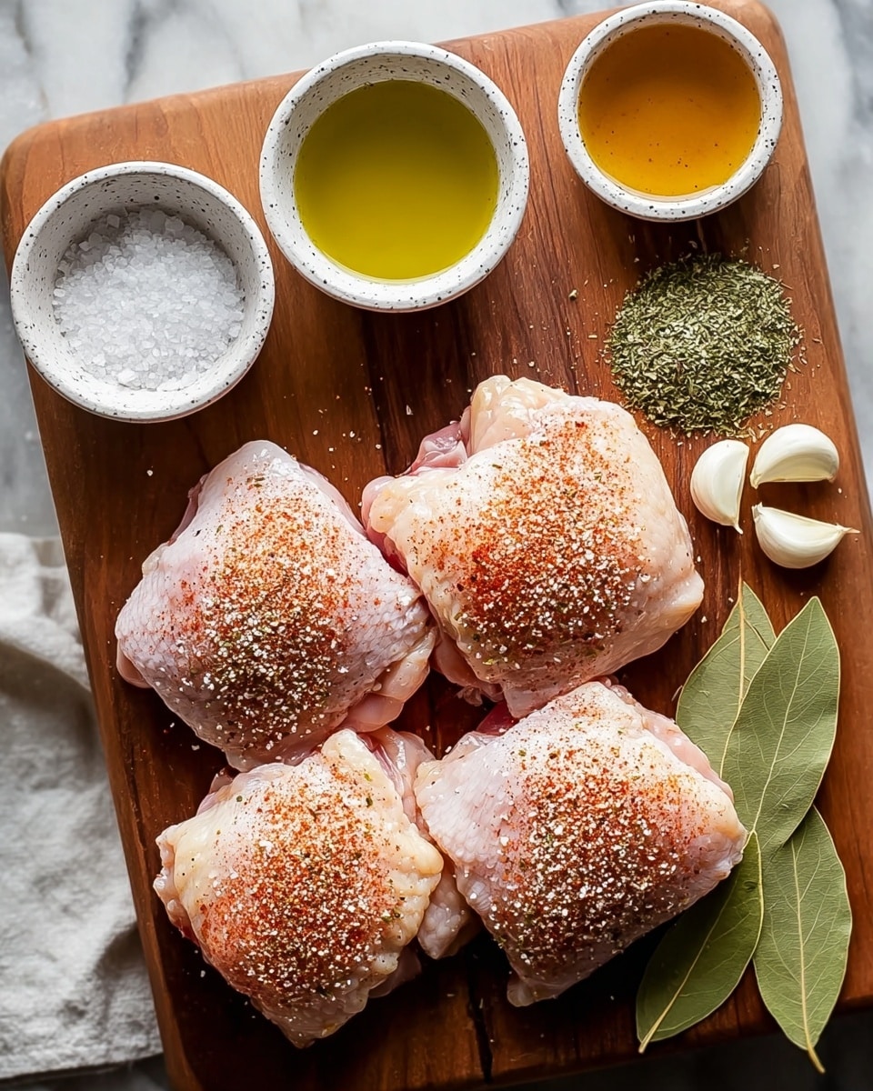 Four raw chicken thighs are placed close together in the center of a wooden cutting board. Each piece is sprinkled with coarse salt, black pepper, and a reddish spice, likely paprika, creating a contrast on the pale skin. Along the top edge of the cutting board, there are two small white speckled bowls, one filled with a greenish-yellow liquid likely olive oil, and the other with a golden broth or stock. Between these bowls lie two fresh green bay leaves. To the right side of the chicken, there are three garlic cloves and two small piles of dried herbs, green in color. The overall scene is set on a white marbled surface. photo taken with an iphone --ar 4:5 --v 7