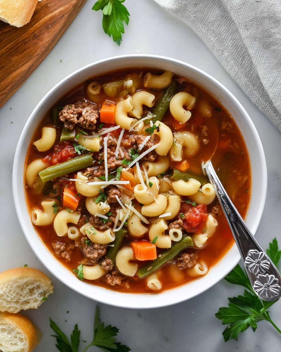 A white bowl filled with a layered soup showing cooked elbow macaroni pasta that is pale yellow and smooth, mixed with bright orange carrot cubes, green beans cut into small pieces, ground beef chunks that are brown and crumbly, and soft tomato pieces giving a rich red color. The soup broth is a reddish-brown, clear but thick, surrounding the ingredients. Thin white strips of cheese and small green parsley leaves are scattered on top adding texture. A shiny silver spoon with a floral design is placed inside the bowl. The bowl is set on a white marbled surface with a few parsley leaves nearby and pieces of bread on a wooden board at the corner. Photo taken with an iphone --ar 4:5 --v 7
