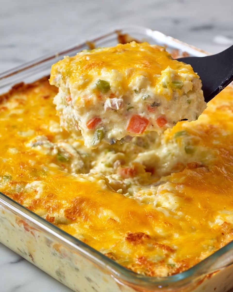 The image shows a clear glass baking dish filled with a casserole that has two visible layers. The bottom layer is a mix of pale cream with small bits of green and orange pieces spread throughout, indicating vegetables or herbs mixed in. The top layer is a thick, melted bright orange-yellow cheese covering the whole dish smoothly, with some of the bottom layer showing faintly through. The dish sits on a white marbled surface. Photo taken with an iphone --ar 4:5 --v 7