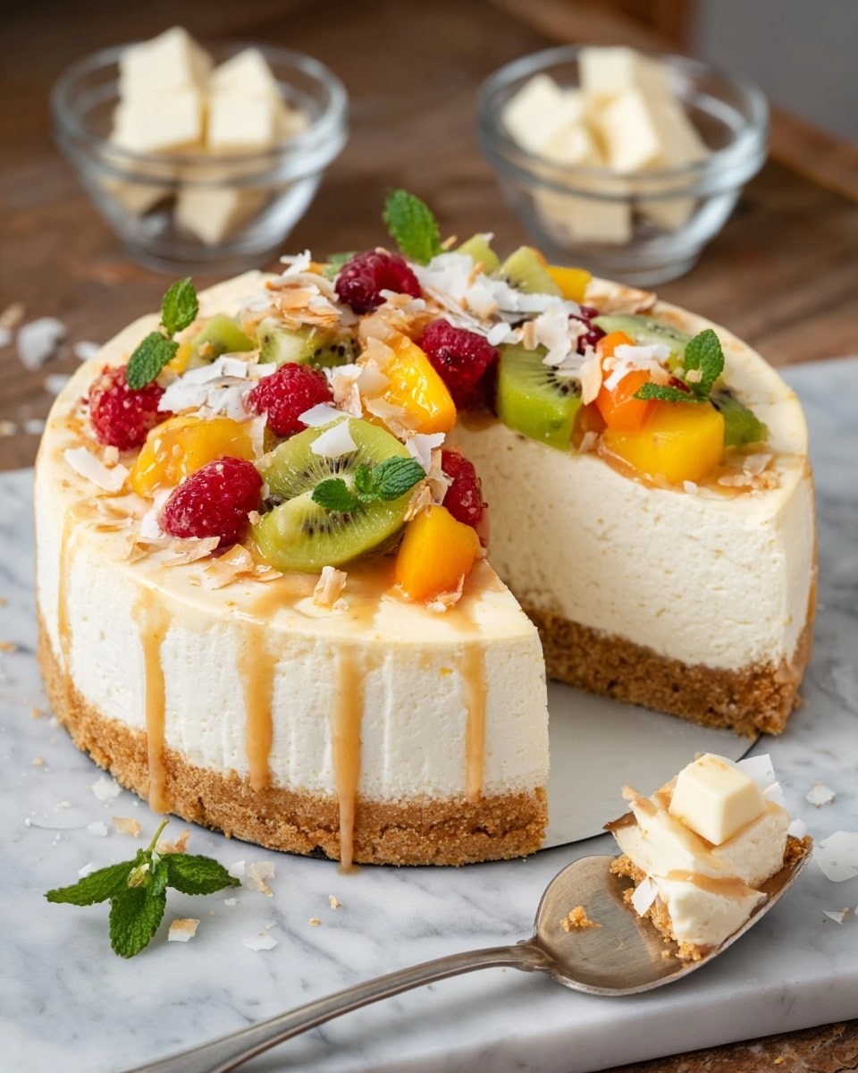 The image shows a creamy two-layer cheesecake with a thick golden brown crust on the bottom and a smooth white cream cheese layer on top. The cheesecake is drizzled with light caramel sauce that flows down the sides. The top is decorated with colorful fruit pieces including bright green kiwi slices, red raspberries, and orange mango chunks, along with some fresh green mint leaves and white coconut shavings scattered over the fruits and cream. A slice is cut out and placed on a silver spoon in front of the cake, showing the dense and creamy texture of the cheesecake layers. The cake sits on a white marbled surface with small clear bowls of white chocolate cubes beside it. Photo taken with an iphone --ar 4:5 --v 7