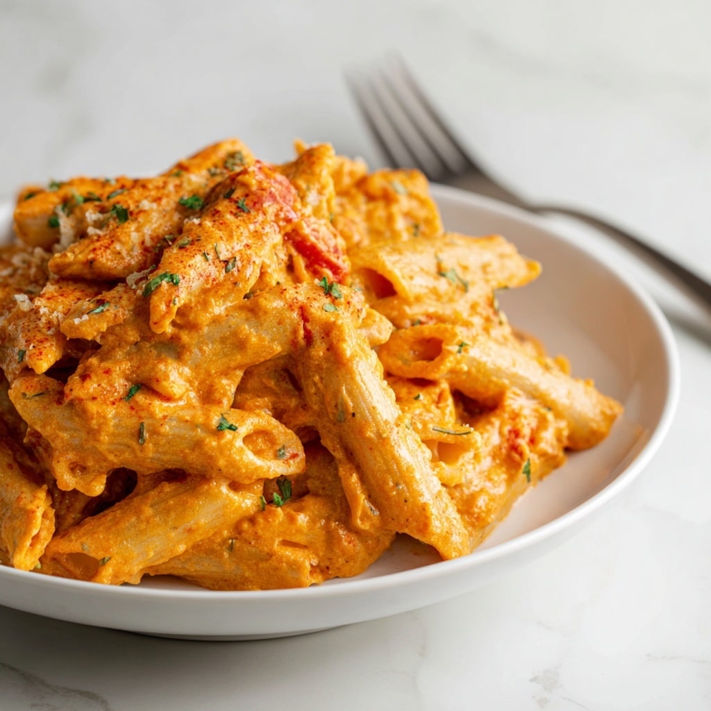 The image shows a plate of creamy penne pasta with a rich orange sauce, coated evenly over the pasta. The penne is mixed with chunks of red tomatoes and sprinkled with small pieces of green herbs, adding color contrast. The pasta is served on a white plate placed on a white marbled surface. A silver fork rests on the edge of the plate, hinting readiness to eat. The dish looks warm and inviting with a smooth, slightly glossy texture on the pasta. Photo taken with an iphone --ar 4:5 --v 7