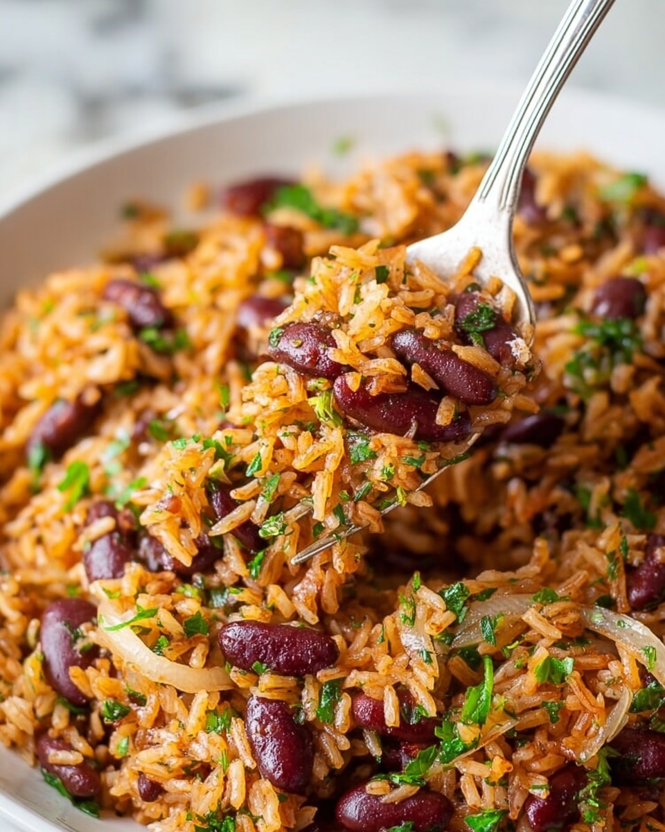 A white pot filled with a mix of orange-red rice and dark red kidney beans, stirred together evenly with small bits of green herbs sprinkled throughout, creating a colorful contrast. The rice grains are long and separated, coated with a reddish seasoning that brightens the dish, while the kidney beans add plump, smooth texture. A silver spoon rests inside the pot, scooping a portion of the mix toward the center. This pot sits on a white marbled surface, with a blue and white checkered cloth nearby along with two yellow lemons and some green parsley, adding fresh colors around the pot. photo taken with an iphone --ar 4:5 --v 7