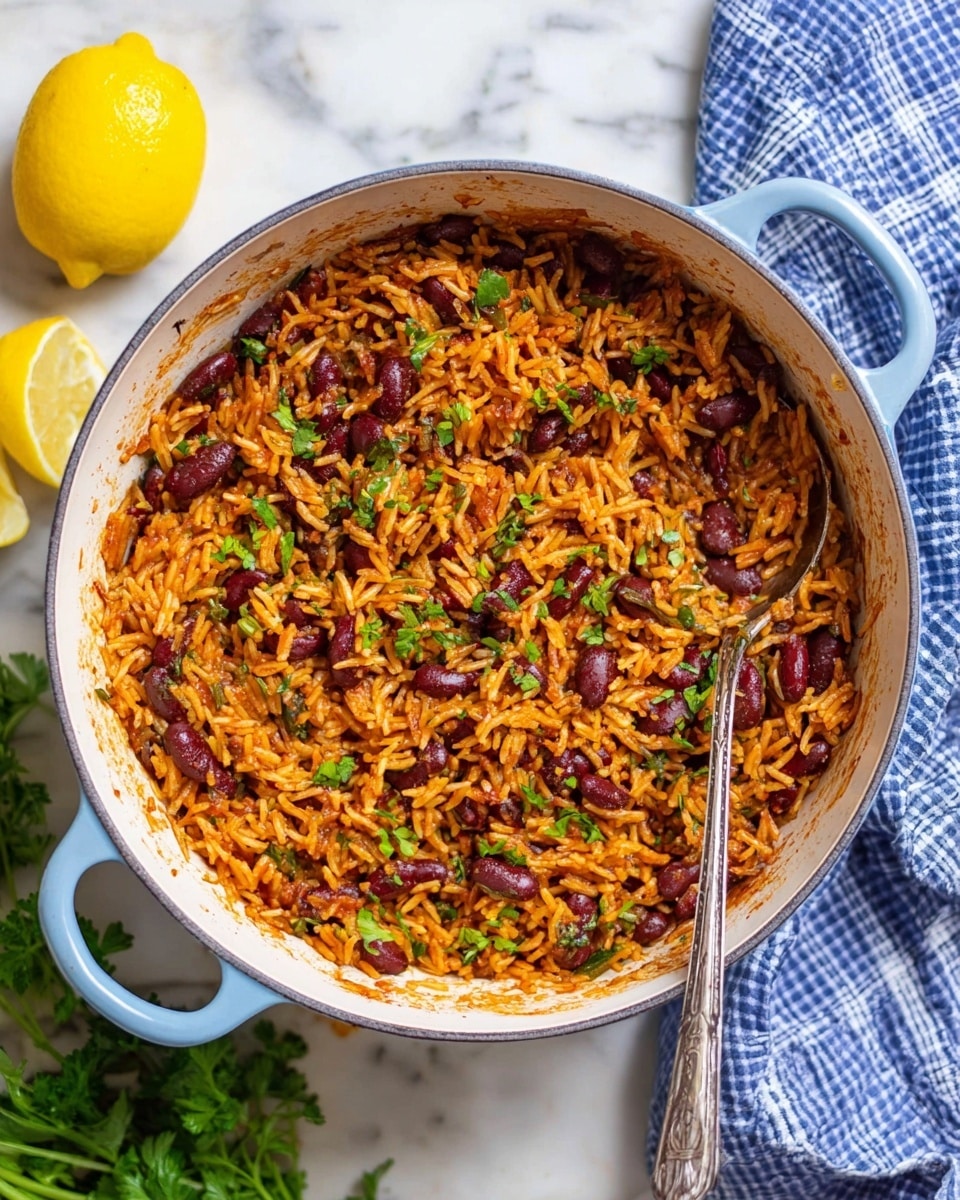 A close-up view of a white plate filled with a mixed dish of cooked rice and dark red kidney beans, with finely chopped green herbs sprinkled throughout. The rice is a warm orange-brown color, appearing soft and well-mixed with the beans, which add texture and color contrast. Thin translucent cooked onion slices are visible among the rice and beans, adding detail. A silver fork lifting a portion of the dish shows the textures and colors clearly. The background is a white marbled surface, giving a clean and bright feel. photo taken with an iphone --ar 4:5 --v 7