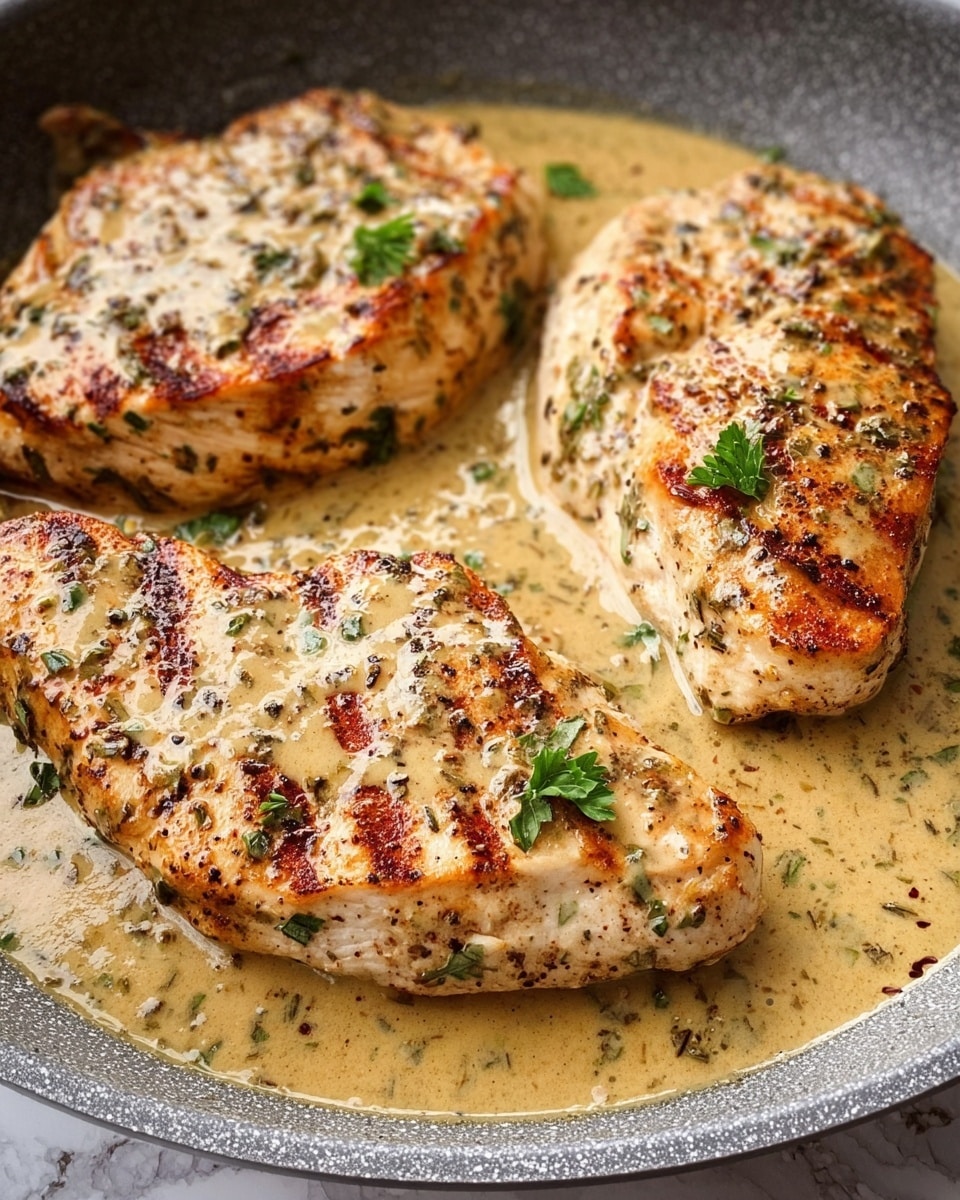 Three pieces of cooked chicken breast sit in a gray pan, each browned with grill marks and sprinkled with black pepper and herbs. The chicken is covered in a light brown creamy sauce with visible specks of seasoning, pooling gently at the bottom of the pan. Small green parsley leaves are placed on top of each chicken piece, adding a fresh touch. The background shows a white marbled texture. photo taken with an iphone --ar 4:5 --v 7