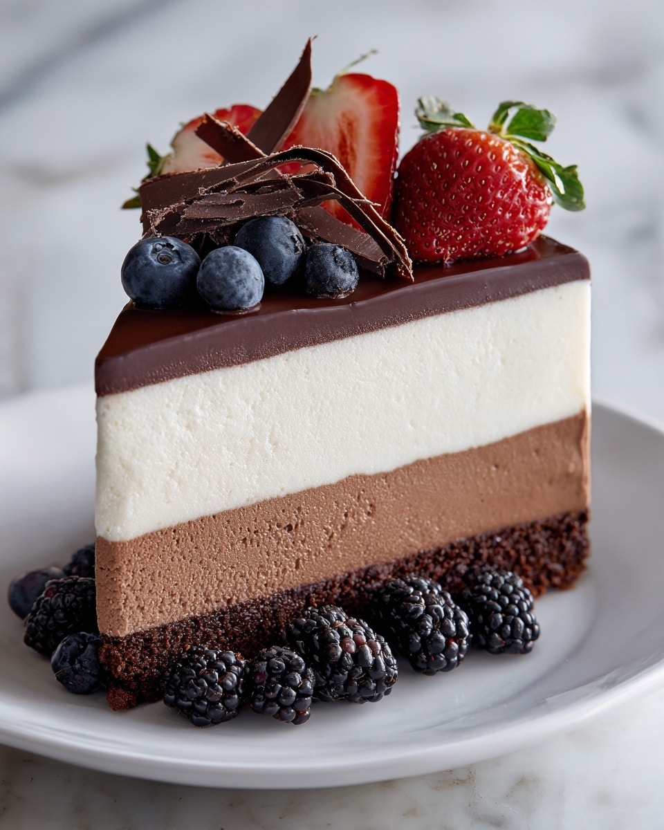 A round cake with three clear layers sits on a white plate on a white marbled surface. The bottom layer is dark brown and crumbly, the middle layer is creamy white, and the top layer is a smooth medium brown, textured chocolate. The top surface is decorated with fresh bright red raspberries, deep blue blueberries, and blackberries, along with small dark chocolate curls and green mint leaves scattered mostly on one half. A slice is cut out, showing the clean layers. Around the plate are a few chocolate pieces and crumbs, with a spatula holding more chocolate shards nearby. Photo taken with an iphone --ar 4:5 --v 7