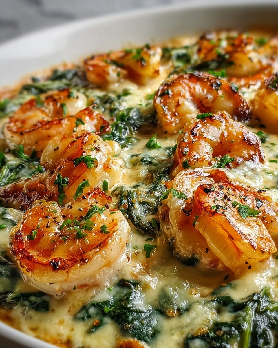 A close-up view of a creamy shrimp dish shows large golden-brown shrimps with light green herbs sprinkled on top, resting on melted cheese mixed with wilted dark green spinach leaves, all layered evenly in a creamy sauce. The dish is served in a white plate on a white marbled surface. The shrimps have grill marks and a slightly glossy texture, while the cheese sauce appears rich and smooth with small browned spots. photo taken with an iphone --ar 4:5 --v 7