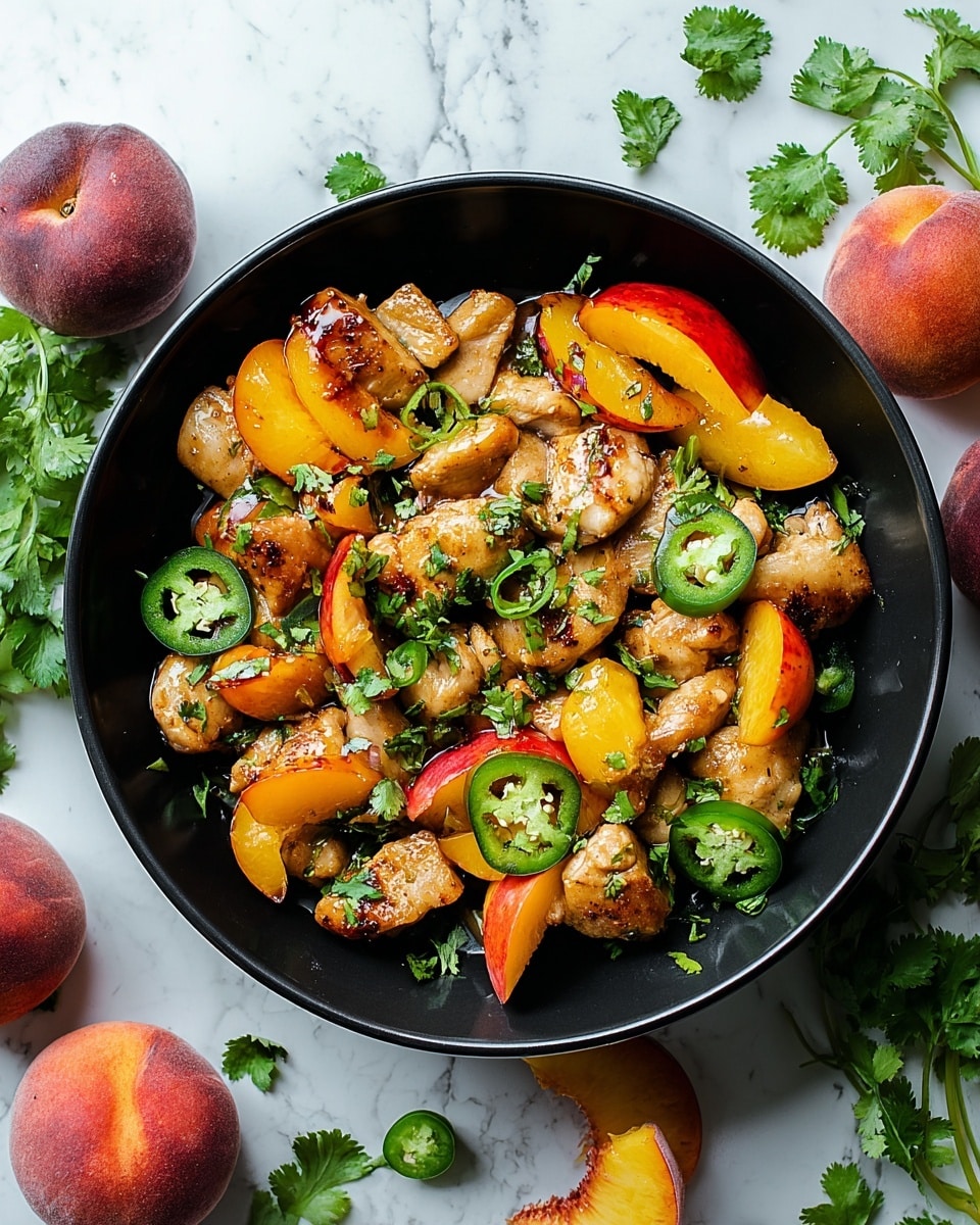 A black bowl filled with cooked chicken pieces that have a golden-brown color and slightly crispy edges, mixed with bright yellow and red peach slices cut into halves and quarters. There are also green jalapeño slices scattered evenly on top, and fresh green cilantro leaves sprinkled throughout the dish. The bowl rests on a white marbled textured surface, with whole peaches and loose cilantro leaves placed around it, adding a fresh and vibrant feel. Photo taken with an iphone --ar 4:5 --v 7