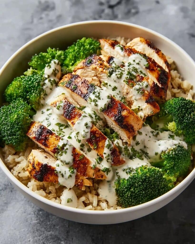 Grilled Chicken Broccoli Bowls with Creamy Garlic Sauce Recipe