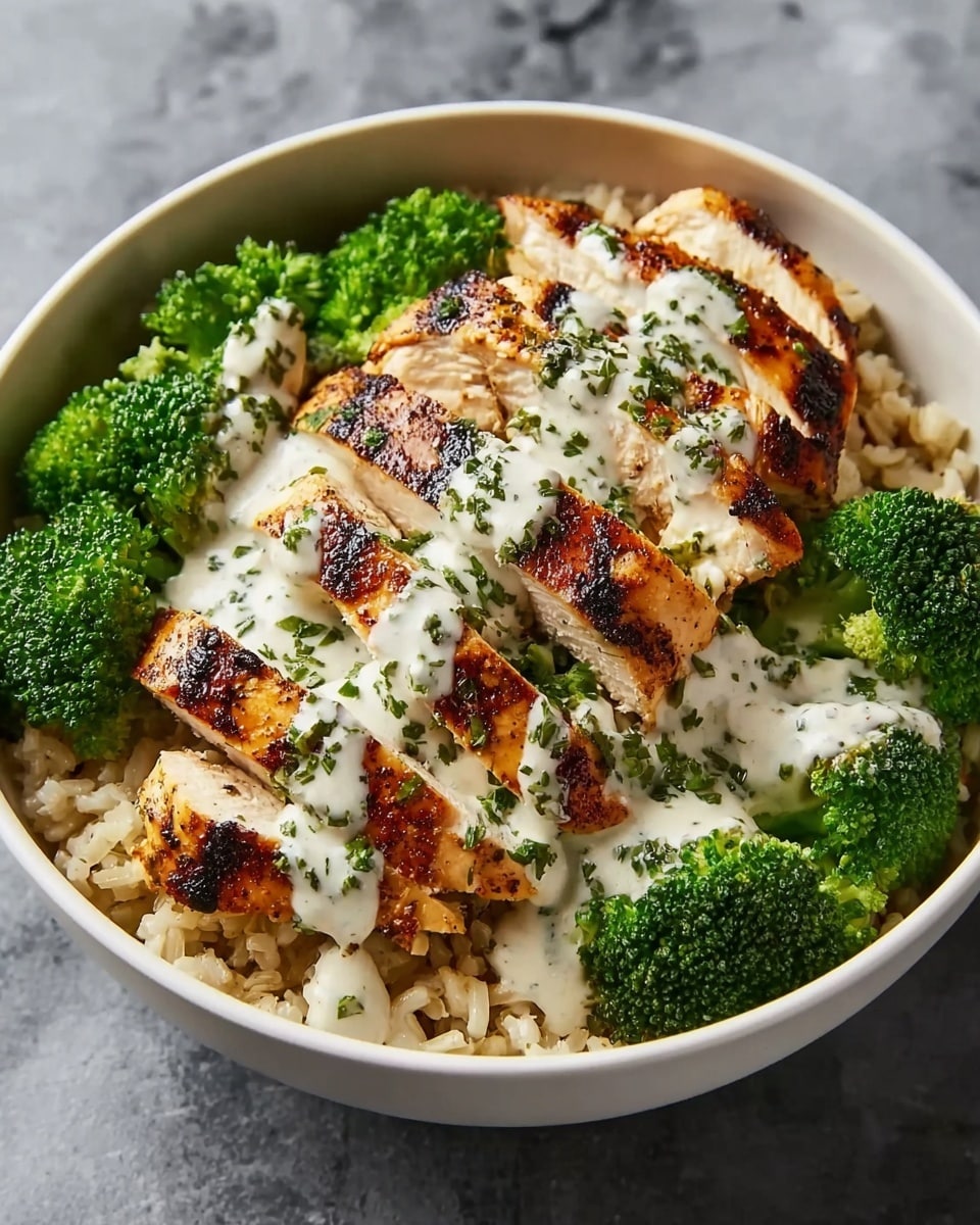 A white bowl filled with cooked green broccoli pieces forms the base layer, topped with white rice just barely visible beneath the vegetables. On top of this is a layer of sliced grilled chicken breast, showing a crispy char with orange and brown shades. A creamy white sauce with specks of green herbs is drizzled over the chicken and broccoli, adding a smooth texture and a fresh look. The bowl is set against a white marbled background, enhancing the colors of the food. photo taken with an iphone --ar 4:5 --v 7